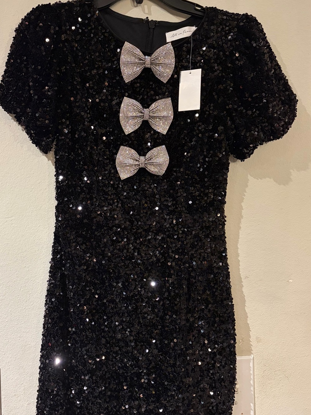 All in Favor Black Sequin Mini Dress with Rhinestone Bow Accents